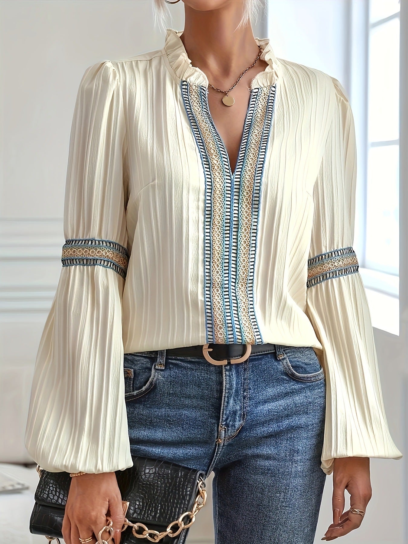 Camicia Bohémien a Manica Lunga con Dettagli Tribali