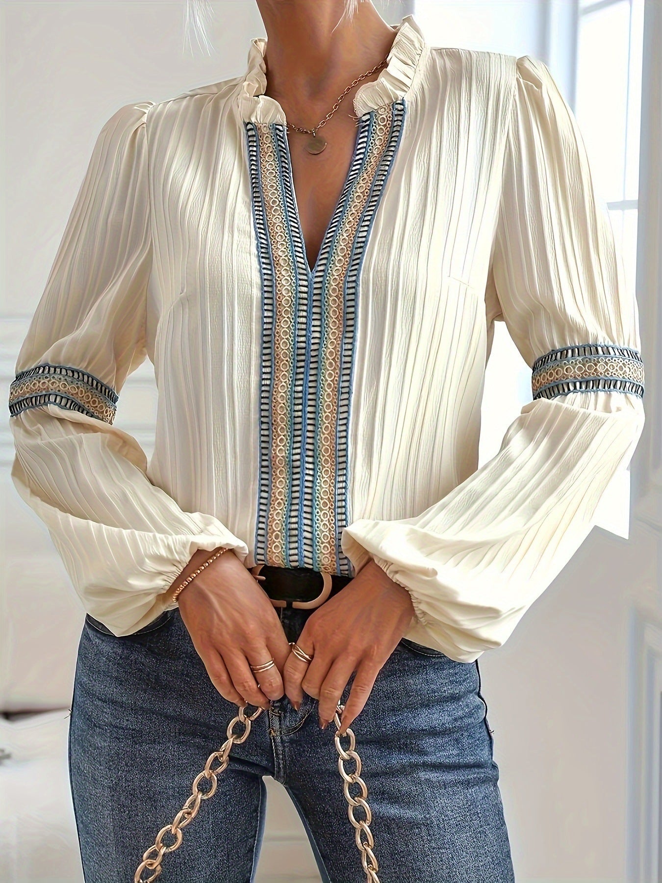 Camicia Bohémien a Manica Lunga con Dettagli Tribali