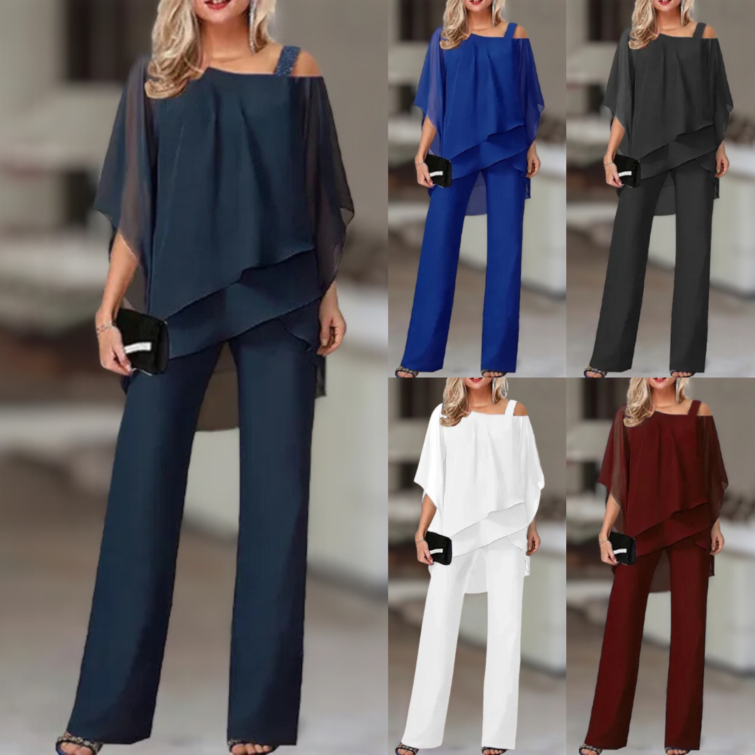 Completo Donna Elegante in Chiffon – Top Asimmetrico e Pantalone Largo