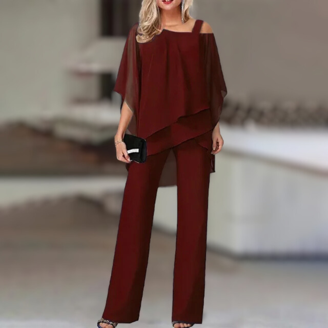Completo Donna Elegante in Chiffon – Top Asimmetrico e Pantalone Largo