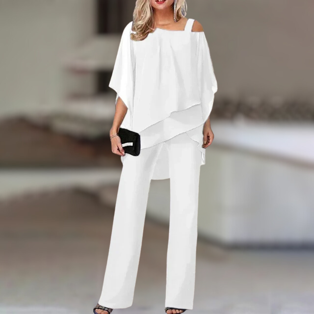Completo Donna Elegante in Chiffon – Top Asimmetrico e Pantalone Largo